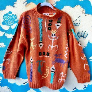Contempo Casuals 90’s Knit Sweater Tribal Graphics Orange Womens Size Large